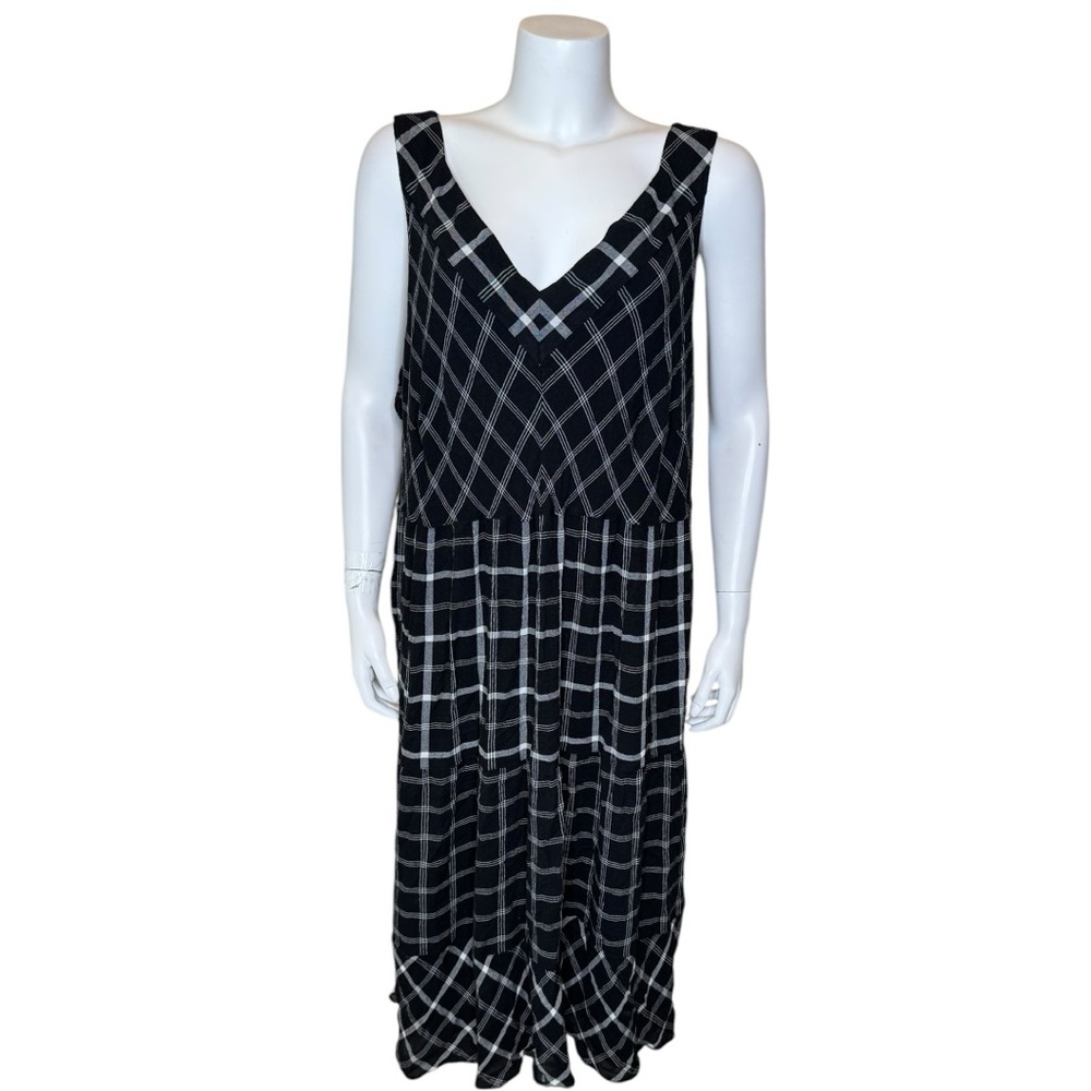 J Jill Plaid Midi Dress 4X V-Neck Tiered Boho Black White
